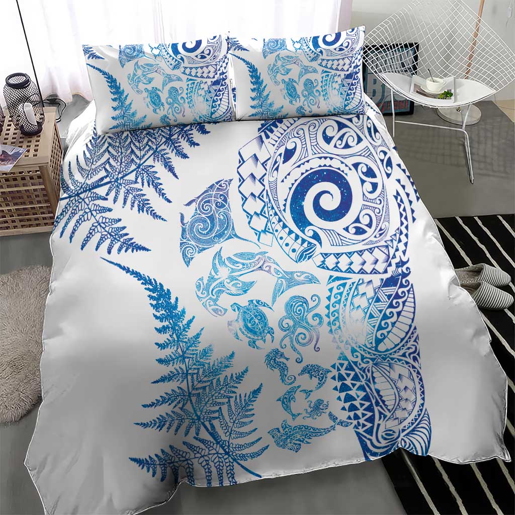 New Zealand Sea Animals Bedding Set with Maori Koru Tribal Tattoo and Silver Ferns Galaxy Style LT03 - Polynesian Pride