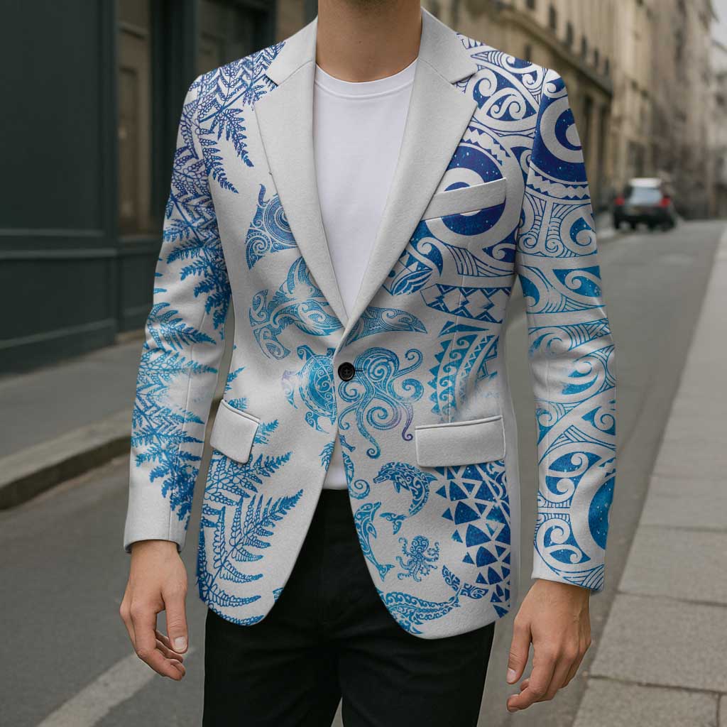 New Zealand Sea Animals Blazer with Maori Koru Tribal Tattoo and Silver Ferns Galaxy Style LT03 - Polynesian Pride