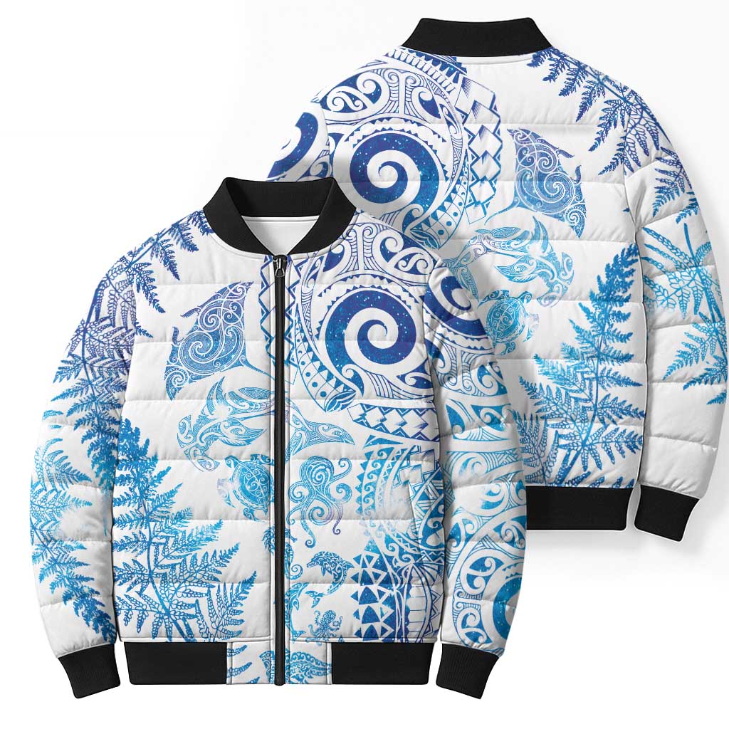 New Zealand Sea Animals Bomber Puffer Jacket with Maori Koru Tribal Tattoo and Silver Ferns Galaxy Style LT03 - Polynesian Pride