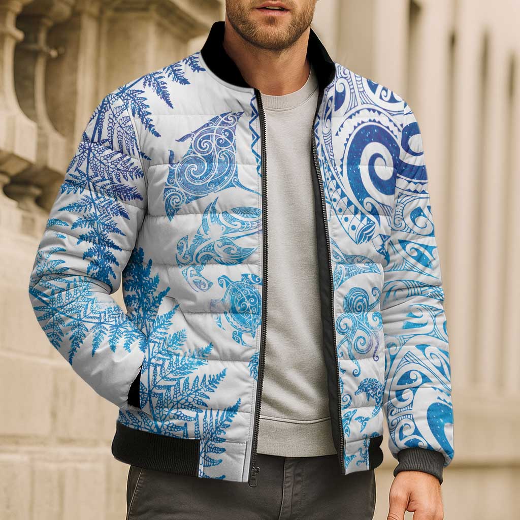 New Zealand Sea Animals Bomber Puffer Jacket with Maori Koru Tribal Tattoo and Silver Ferns Galaxy Style LT03 - Polynesian Pride