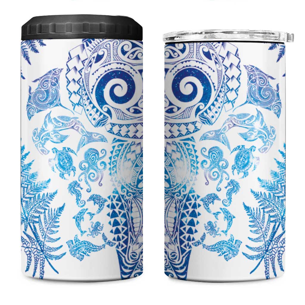 New Zealand Sea Animals 4 in 1 Can Cooler Tumbler with Maori Koru Tribal Tattoo and Silver Ferns Galaxy Style