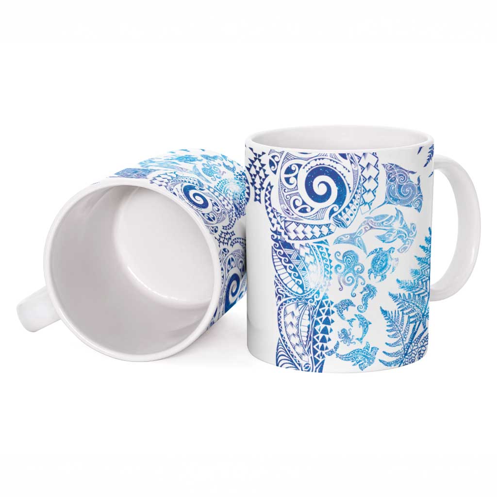New Zealand Sea Animals Ceramic Mug with Maori Koru Tribal Tattoo and Silver Ferns Galaxy Style LT03 - Polynesian Pride
