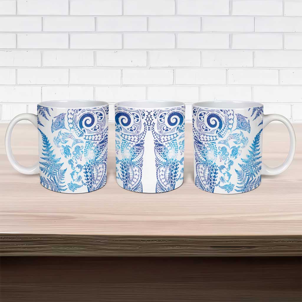 New Zealand Sea Animals Ceramic Mug with Maori Koru Tribal Tattoo and Silver Ferns Galaxy Style LT03 - Polynesian Pride