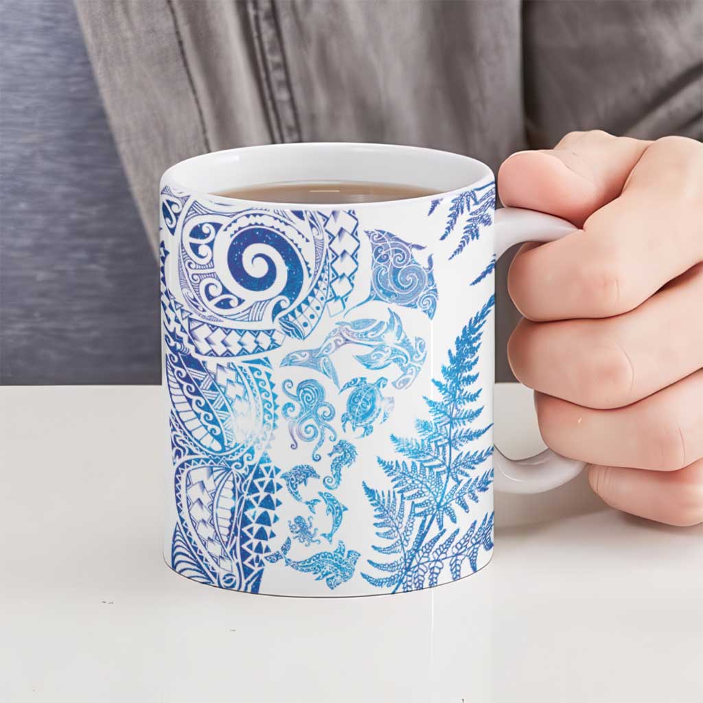 New Zealand Sea Animals Ceramic Mug with Maori Koru Tribal Tattoo and Silver Ferns Galaxy Style LT03 - Polynesian Pride