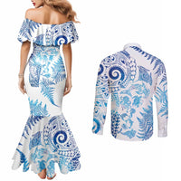 New Zealand Sea Animals Couples Matching Mermaid Dress and Long Sleeve Button Shirt with Maori Koru Tribal Tattoo and Silver Ferns Galaxy Style LT03 - Polynesian Pride