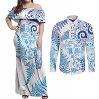 New Zealand Sea Animals Couples Matching Off Shoulder Maxi Dress and Long Sleeve Button Shirt with Maori Koru Tribal Tattoo and Silver Ferns Galaxy Style LT03 Multicolor - Polynesian Pride