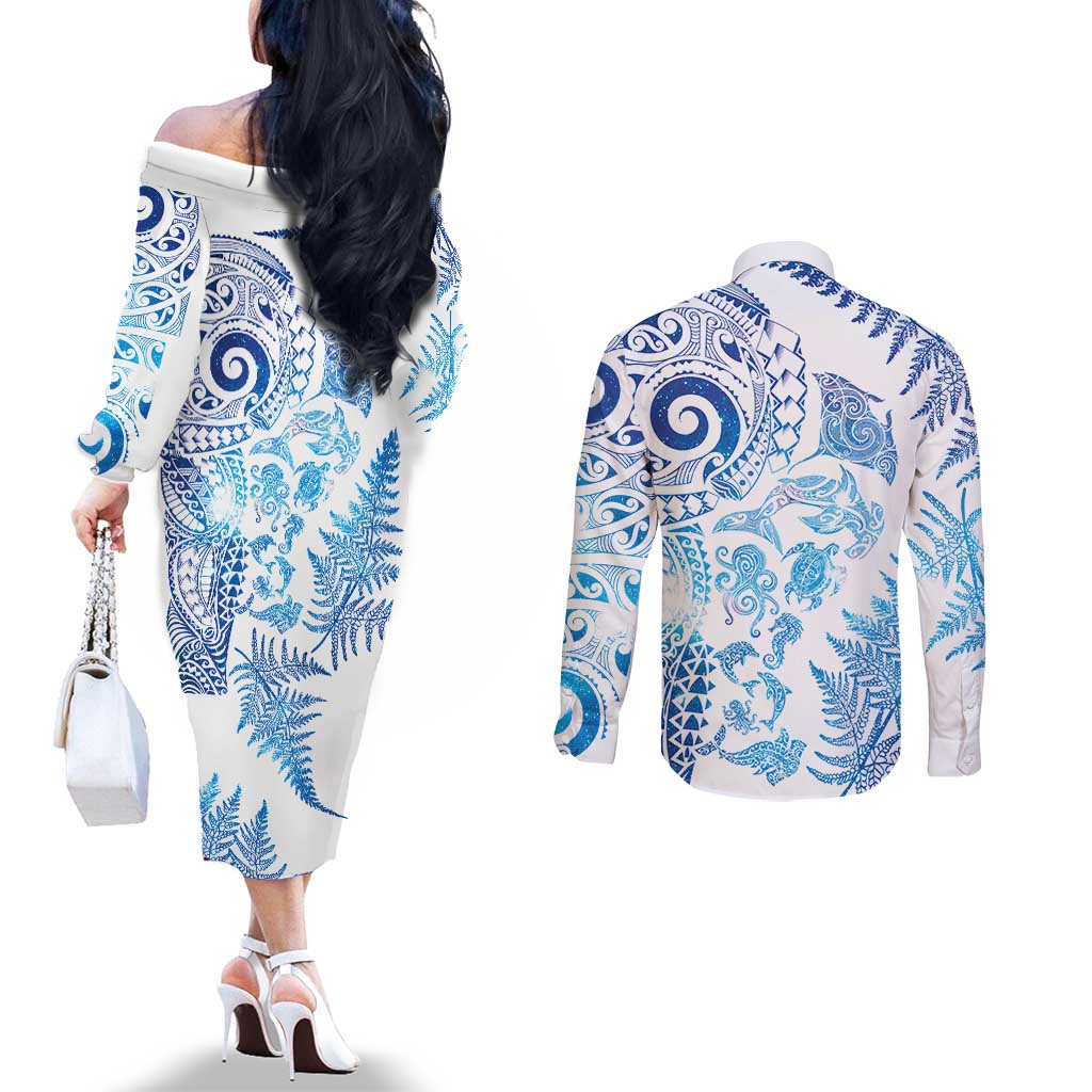 New Zealand Sea Animals Couples Matching Off The Shoulder Long Sleeve Dress and Long Sleeve Button Shirt with Maori Koru Tribal Tattoo and Silver Ferns Galaxy Style LT03 - Polynesian Pride