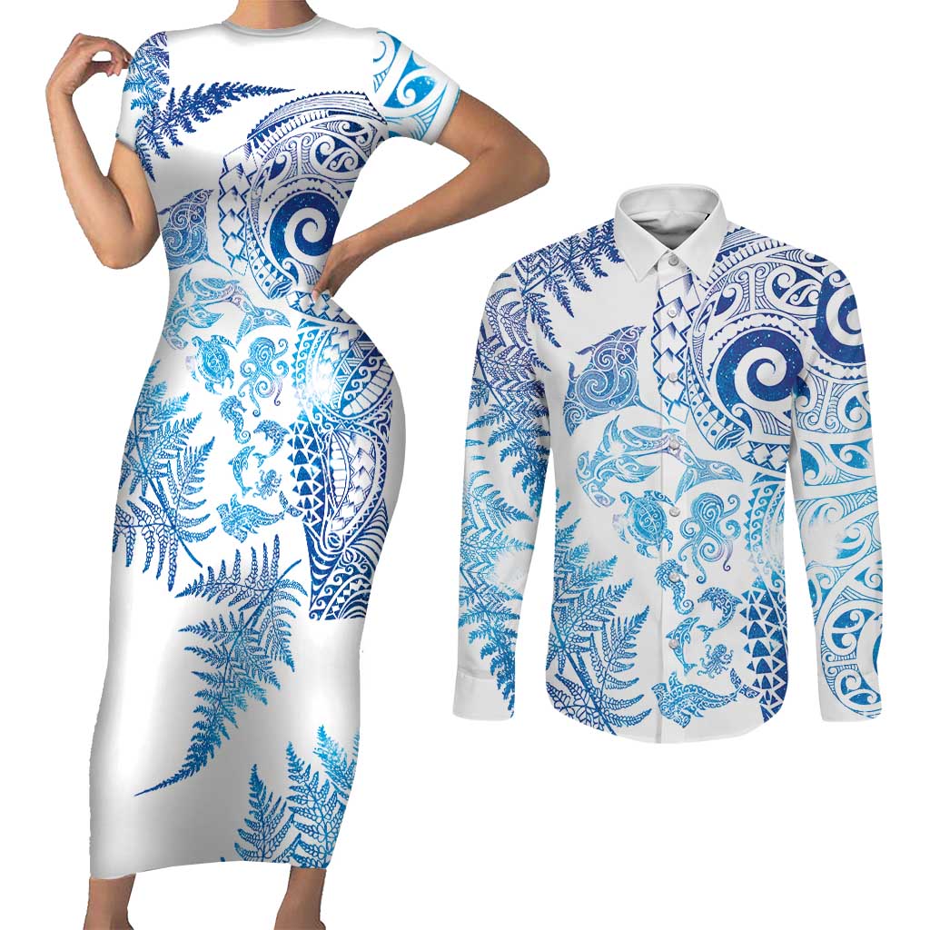 New Zealand Sea Animals Couples Matching Short Sleeve Bodycon Dress and Long Sleeve Button Shirt with Maori Koru Tribal Tattoo and Silver Ferns Galaxy Style