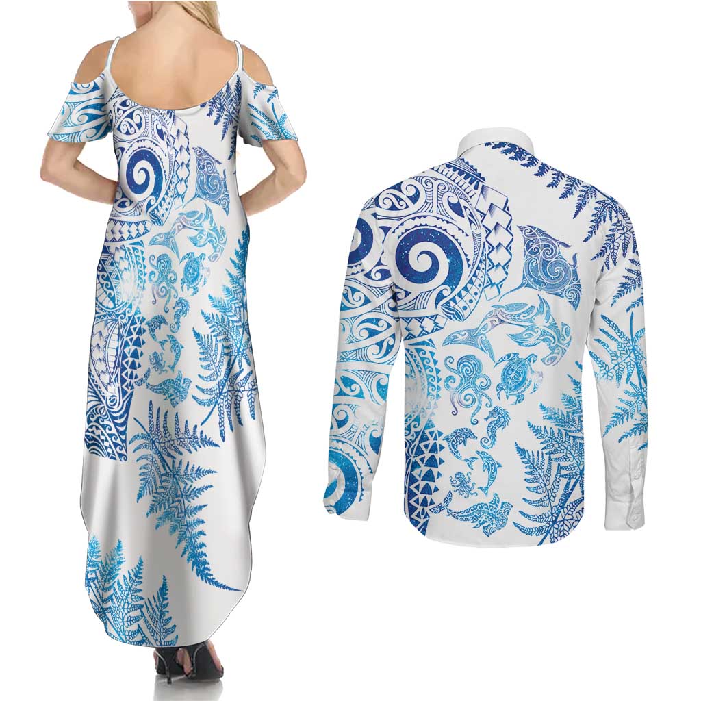New Zealand Sea Animals Couples Matching Summer Maxi Dress and Long Sleeve Button Shirt with Maori Koru Tribal Tattoo and Silver Ferns Galaxy Style LT03 - Polynesian Pride