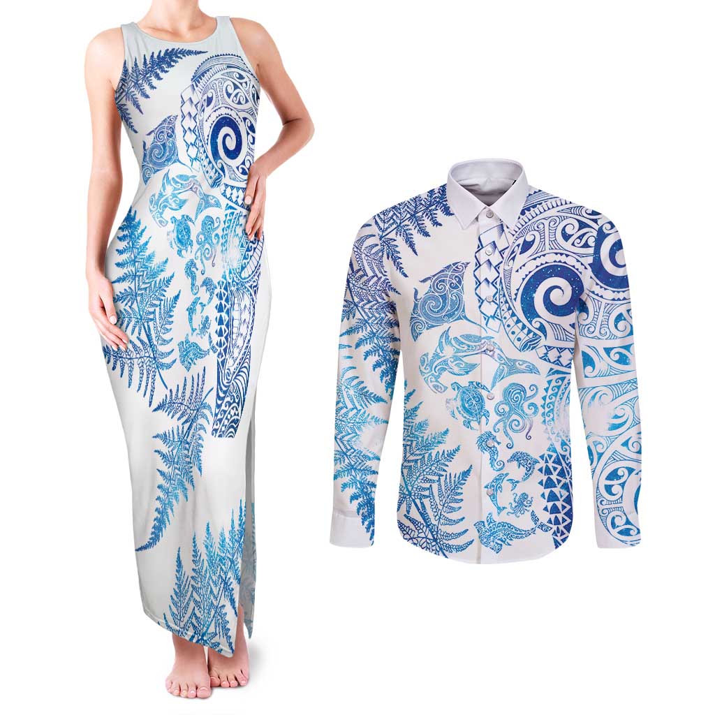 New Zealand Sea Animals Couples Matching Tank Maxi Dress and Long Sleeve Button Shirt with Maori Koru Tribal Tattoo and Silver Ferns Galaxy Style LT03 Multicolor - Polynesian Pride
