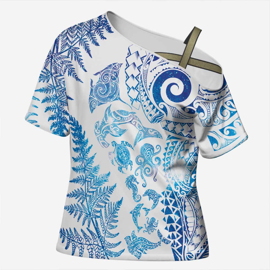New Zealand Sea Animals Cross Shoulder Shirt with Maori Koru Tribal Tattoo and Silver Ferns Galaxy Style LT03 Female Multicolor - Polynesian Pride
