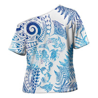 New Zealand Sea Animals Cross Shoulder Shirt with Maori Koru Tribal Tattoo and Silver Ferns Galaxy Style LT03 - Polynesian Pride
