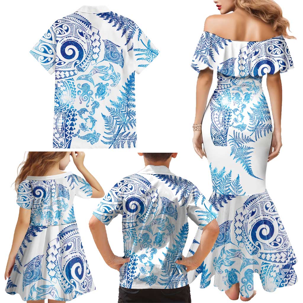 New Zealand Sea Animals Family Matching Mermaid Dress and Hawaiian Shirt with Maori Koru Tribal Tattoo and Silver Ferns Galaxy Style LT03 - Polynesian Pride