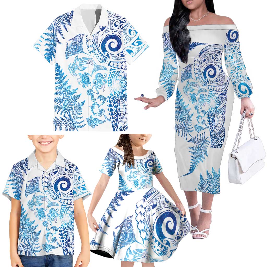 New Zealand Sea Animals Family Matching Off The Shoulder Long Sleeve Dress and Hawaiian Shirt with Maori Koru Tribal Tattoo and Silver Ferns Galaxy Style LT03 - Polynesian Pride