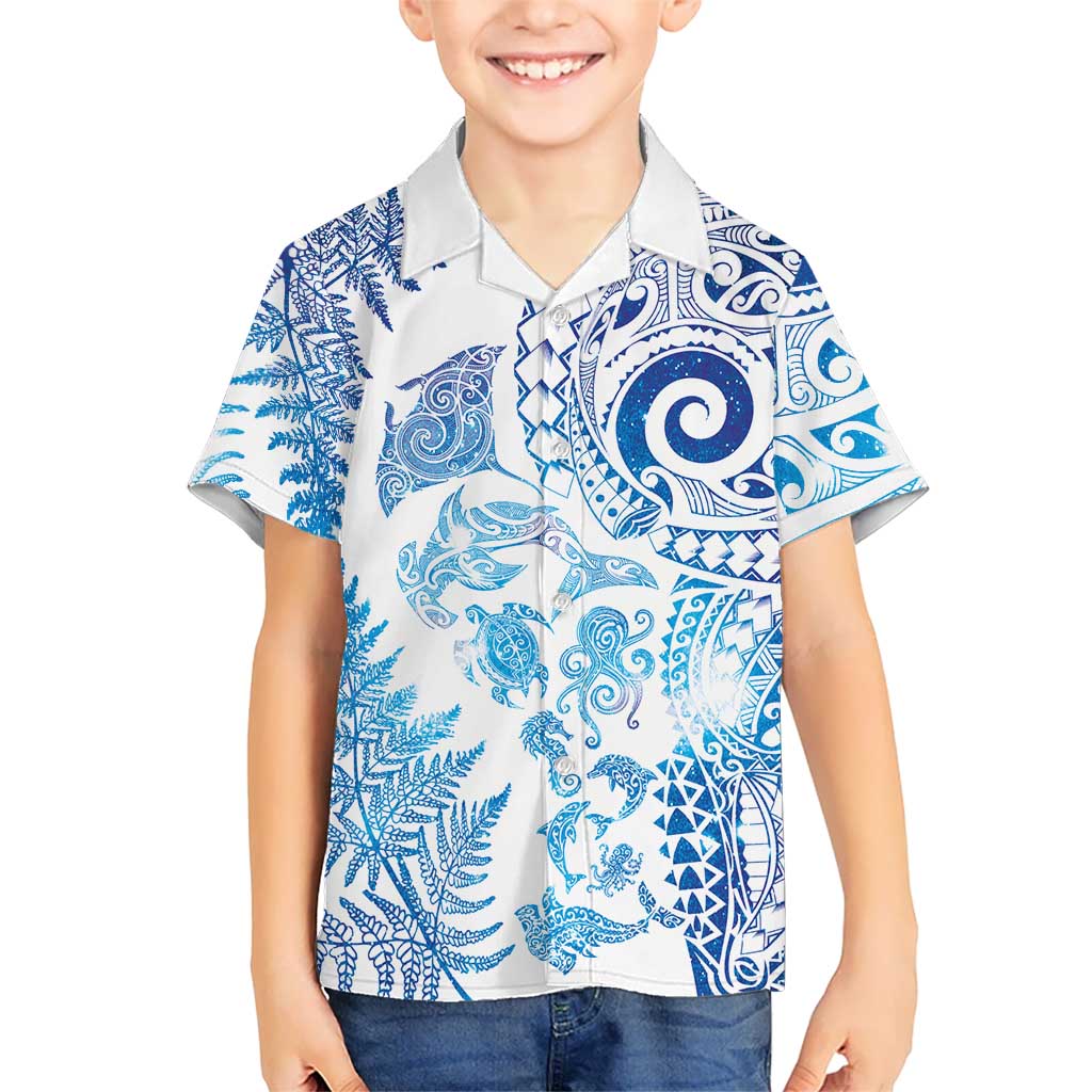 New Zealand Sea Animals Family Matching Off Shoulder Short Dress and Hawaiian Shirt with Maori Koru Tribal Tattoo and Silver Ferns Galaxy Style LT03 Son's Shirt Multicolor - Polynesian Pride