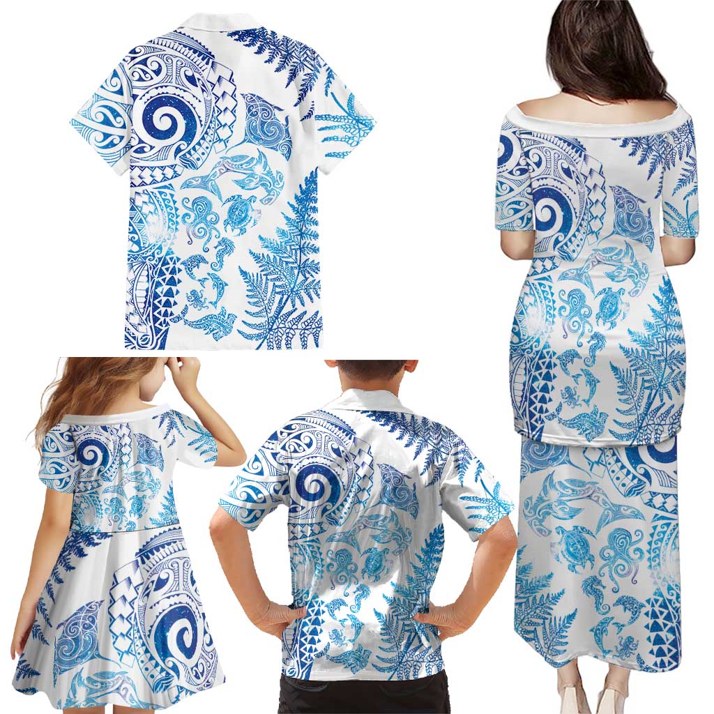 New Zealand Sea Animals Family Matching Puletasi and Hawaiian Shirt with Maori Koru Tribal Tattoo and Silver Ferns Galaxy Style LT03 - Polynesian Pride