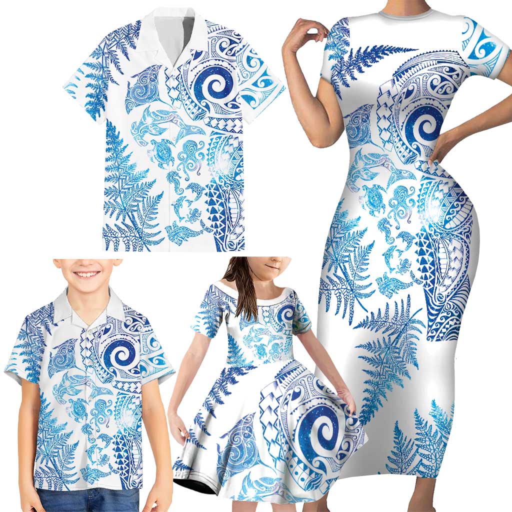 New Zealand Sea Animals Family Matching Short Sleeve Bodycon Dress and Hawaiian Shirt with Maori Koru Tribal Tattoo and Silver Ferns Galaxy Style LT03 - Polynesian Pride