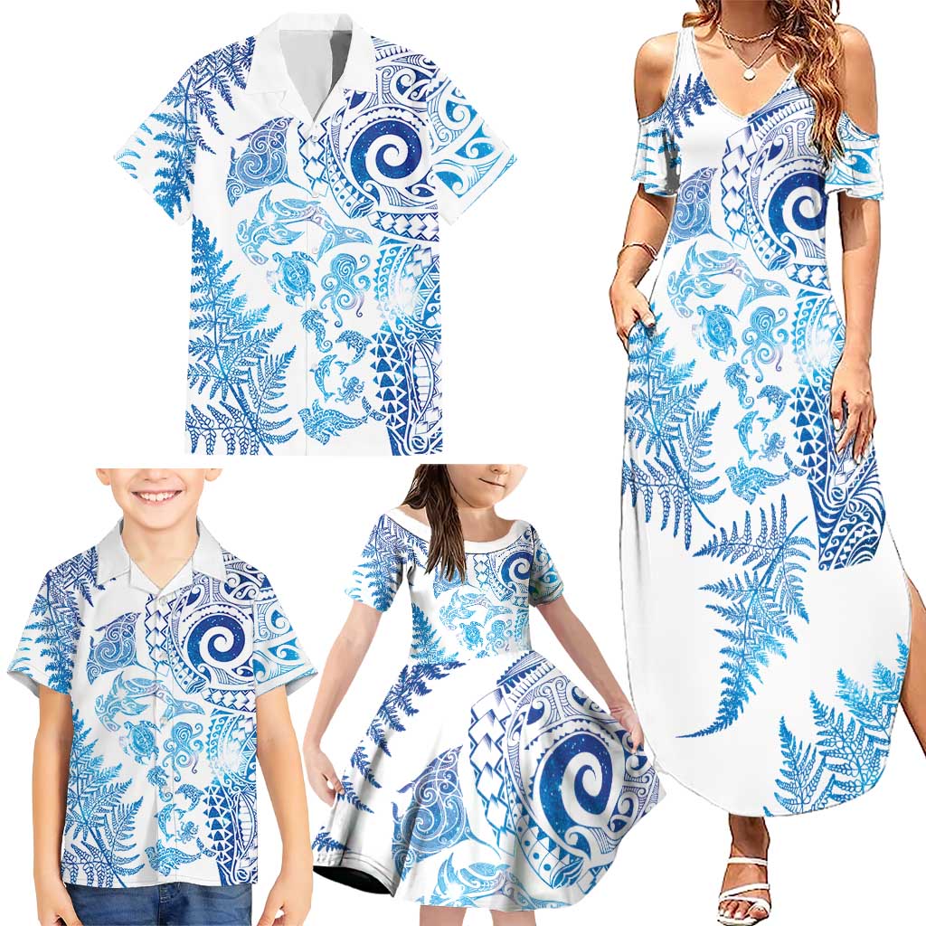 New Zealand Sea Animals Family Matching Summer Maxi Dress and Hawaiian Shirt with Maori Koru Tribal Tattoo and Silver Ferns Galaxy Style