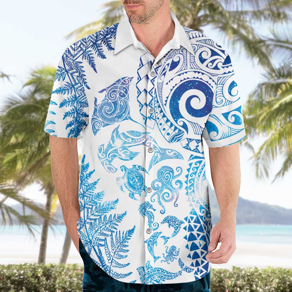 New Zealand Sea Animals Hawaiian Shirt with Maori Koru Tribal Tattoo and Silver Ferns Galaxy Style LT03 - Polynesian Pride