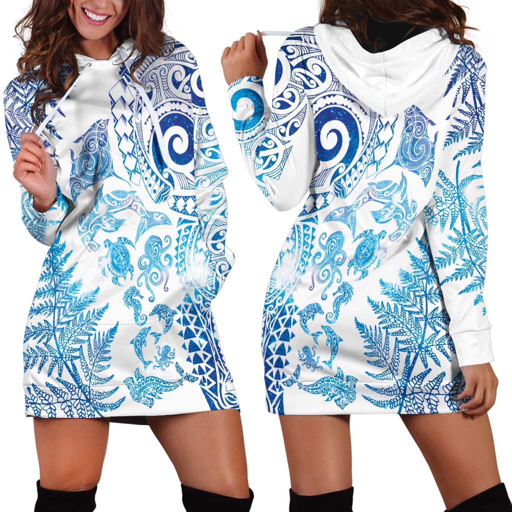 New Zealand Sea Animals Hoodie Dress with Maori Koru Tribal Tattoo and Silver Ferns Galaxy Style LT03 - Polynesian Pride