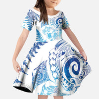 New Zealand Sea Animals Kid Short Sleeve Dress with Maori Koru Tribal Tattoo and Silver Ferns Galaxy Style LT03 KID Multicolor - Polynesian Pride