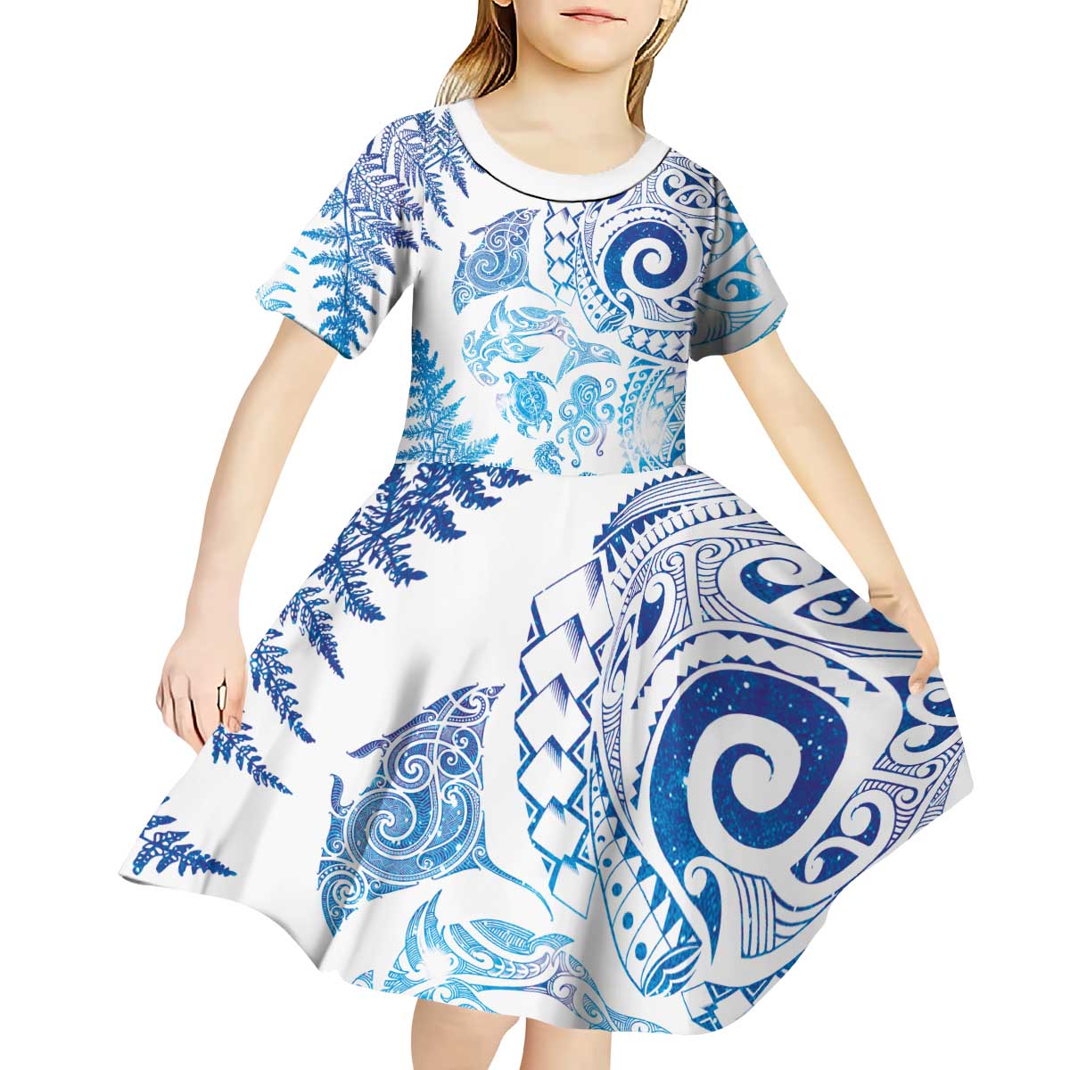 New Zealand Sea Animals Kid Short Sleeve Dress with Maori Koru Tribal Tattoo and Silver Ferns Galaxy Style LT03 - Polynesian Pride