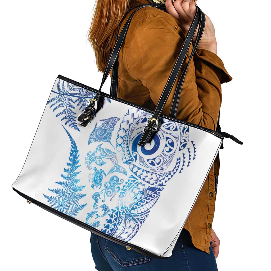 New Zealand Sea Animals Leather Tote Bag with Maori Koru Tribal Tattoo and Silver Ferns Galaxy Style LT03 - Polynesian Pride