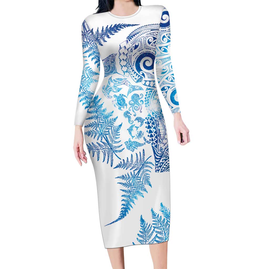 New Zealand Sea Animals Long Sleeve Bodycon Dress with Maori Koru Tribal Tattoo and Silver Ferns Galaxy Style LT03 Long Dress Multicolor - Polynesian Pride
