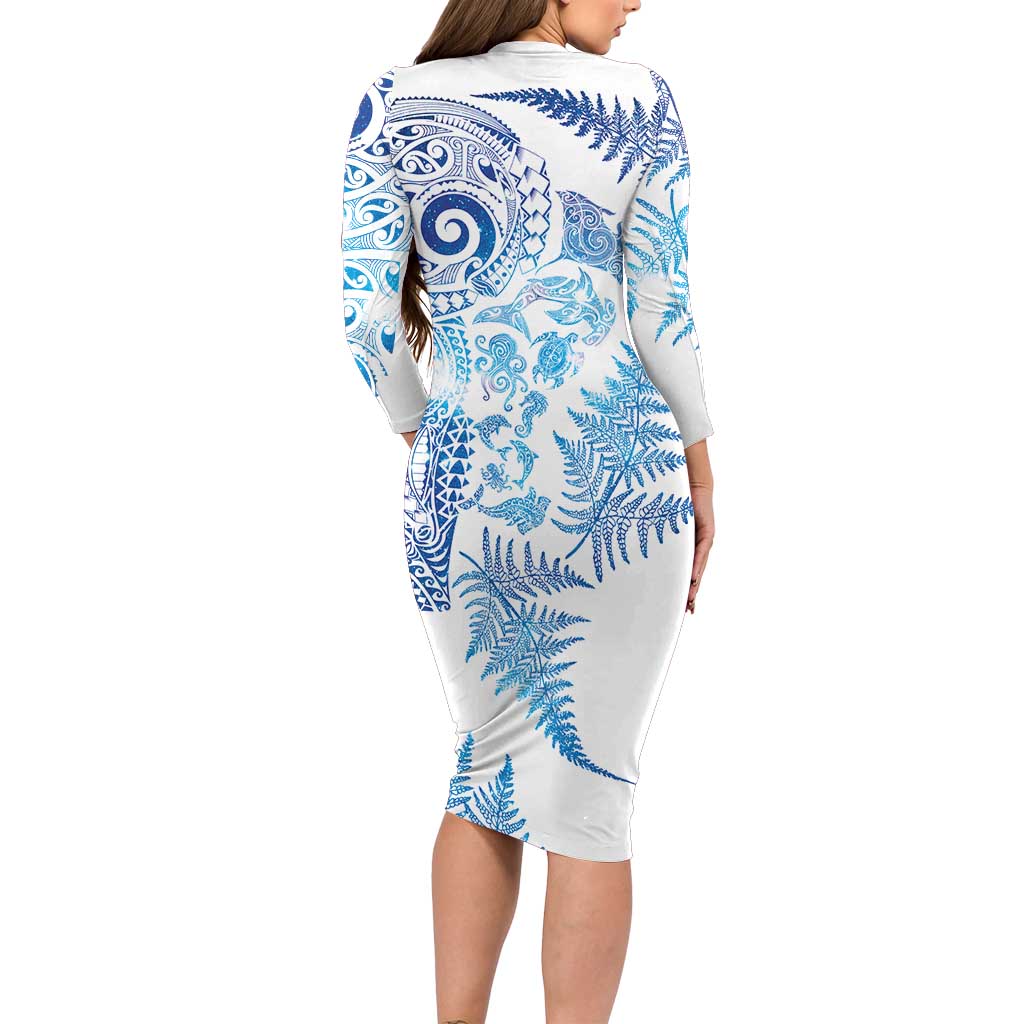 New Zealand Sea Animals Long Sleeve Bodycon Dress with Maori Koru Tribal Tattoo and Silver Ferns Galaxy Style LT03 - Polynesian Pride