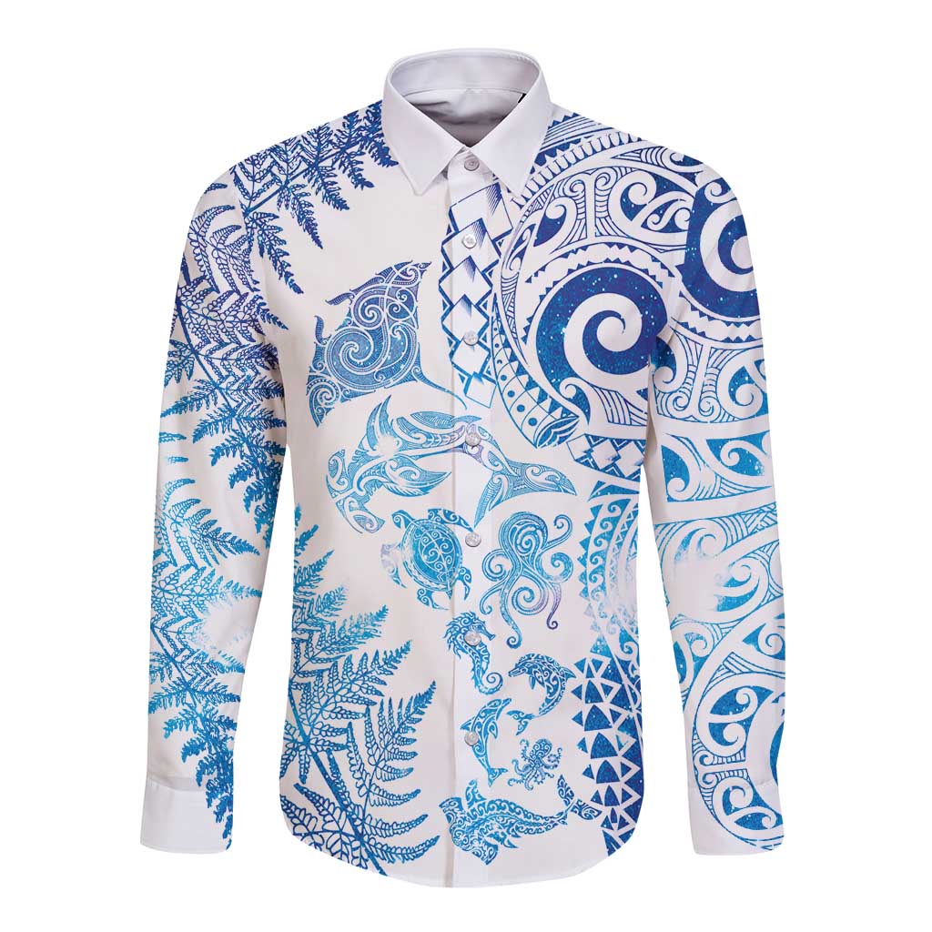 New Zealand Sea Animals Long Sleeve Button Shirt with Maori Koru Tribal Tattoo and Silver Ferns Galaxy Style