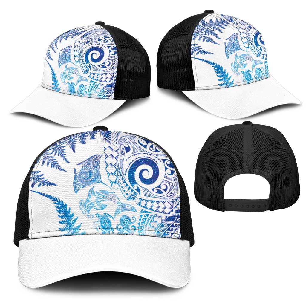 New Zealand Sea Animals Mesh Trucker Cap with Maori Koru Tribal Tattoo and Silver Ferns Galaxy Style LT03 - Polynesian Pride