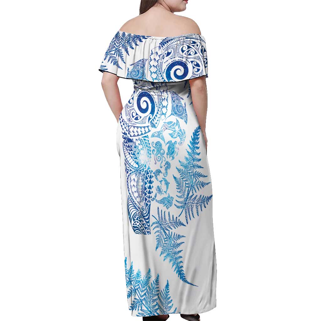 New Zealand Sea Animals Off Shoulder Maxi Dress with Maori Koru Tribal Tattoo and Silver Ferns Galaxy Style LT03 - Polynesian Pride