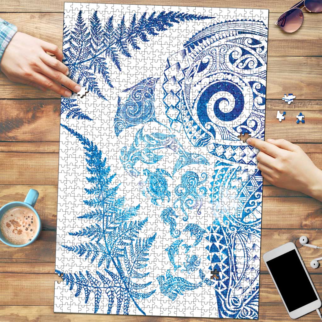 New Zealand Sea Animals Puzzle with Maori Koru Tribal Tattoo and Silver Ferns Galaxy Style LT03 Multicolor - Polynesian Pride