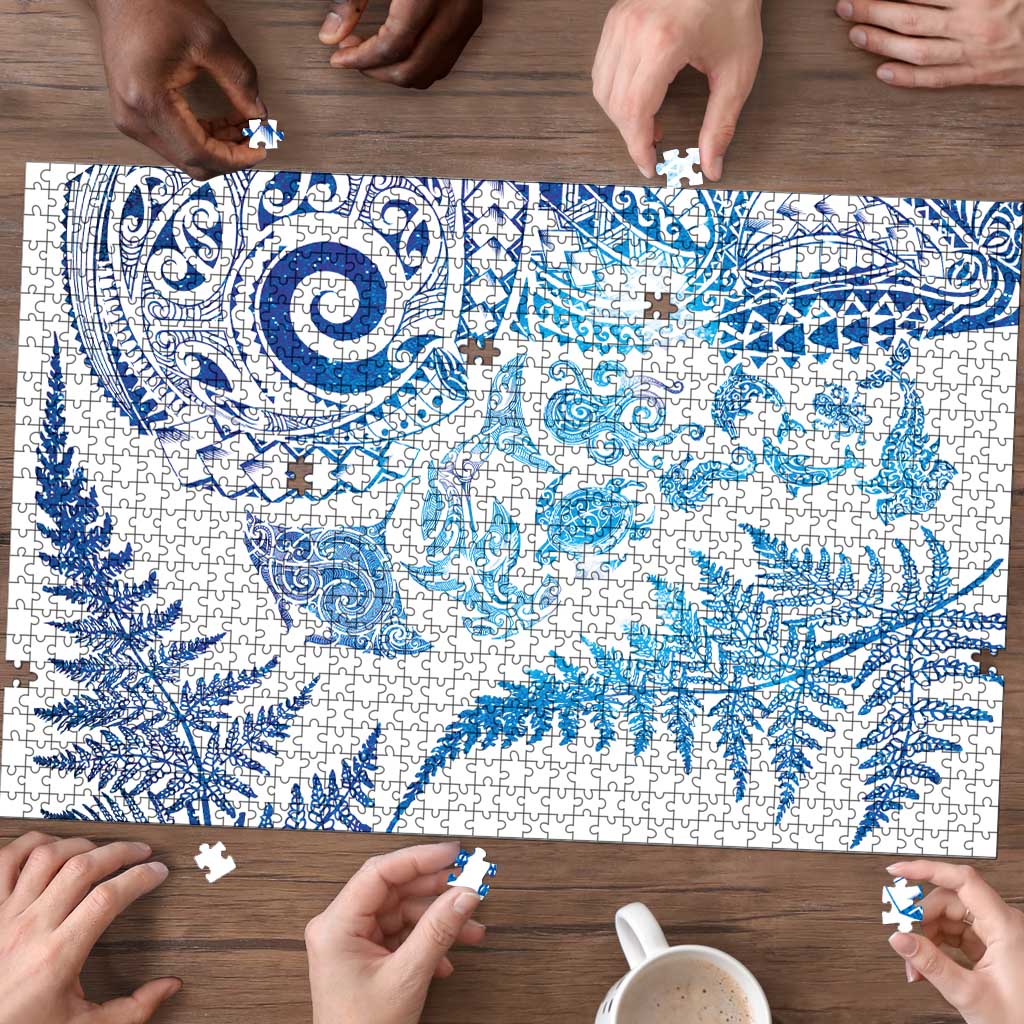 New Zealand Sea Animals Puzzle with Maori Koru Tribal Tattoo and Silver Ferns Galaxy Style LT03 - Polynesian Pride