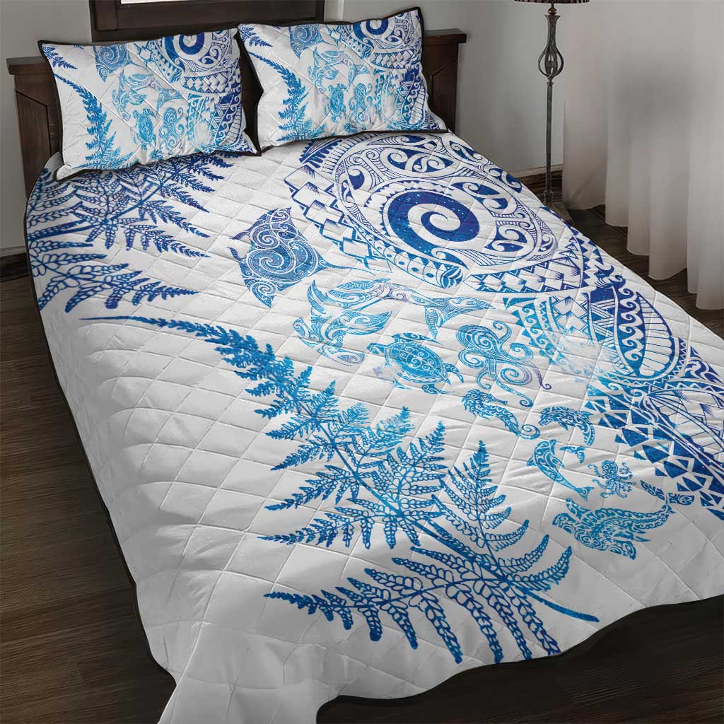 New Zealand Sea Animals Quilt Bed Set with Maori Koru Tribal Tattoo and Silver Ferns Galaxy Style LT03 Multicolor - Polynesian Pride