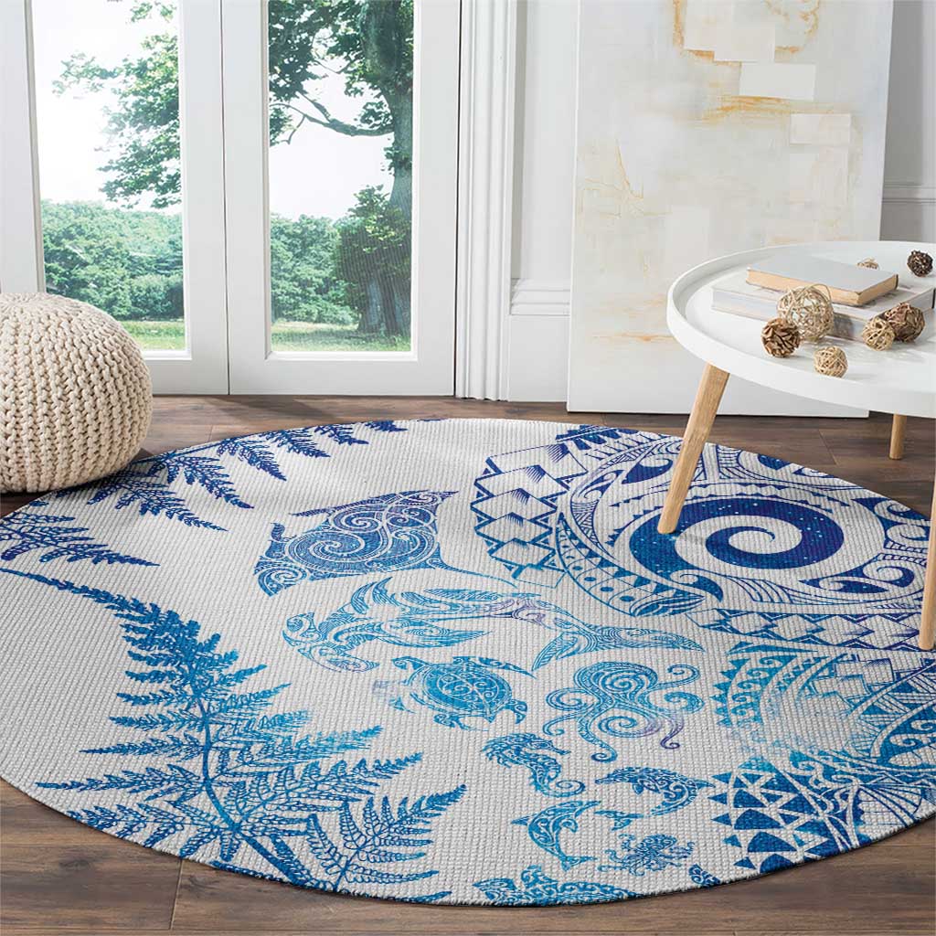 New Zealand Sea Animals Round Carpet with Maori Koru Tribal Tattoo and Silver Ferns Galaxy Style LT03 - Polynesian Pride