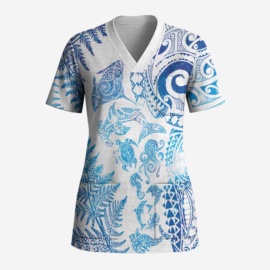 New Zealand Sea Animals Scrub Top with Maori Koru Tribal Tattoo and Silver Ferns Galaxy Style LT03 Adult Multicolor - Polynesian Pride