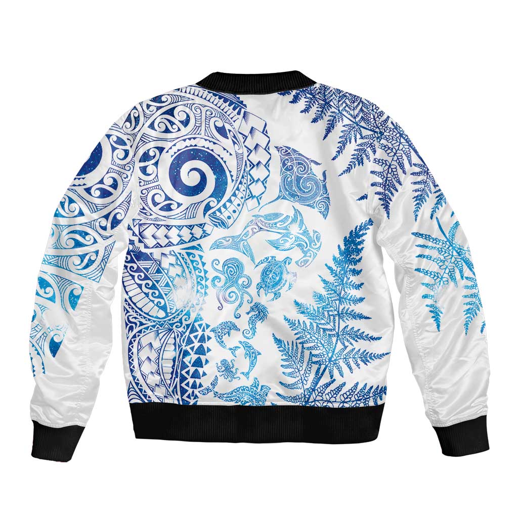 New Zealand Sea Animals Sleeve Zip Bomber Jacket with Maori Koru Tribal Tattoo and Silver Ferns Galaxy Style LT03 - Polynesian Pride