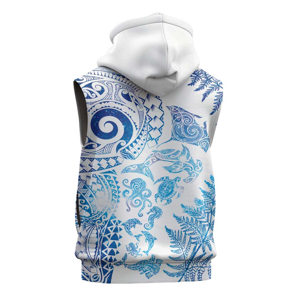 New Zealand Sea Animals Sleeveless Hoodie with Maori Koru Tribal Tattoo and Silver Ferns Galaxy Style LT03 - Polynesian Pride