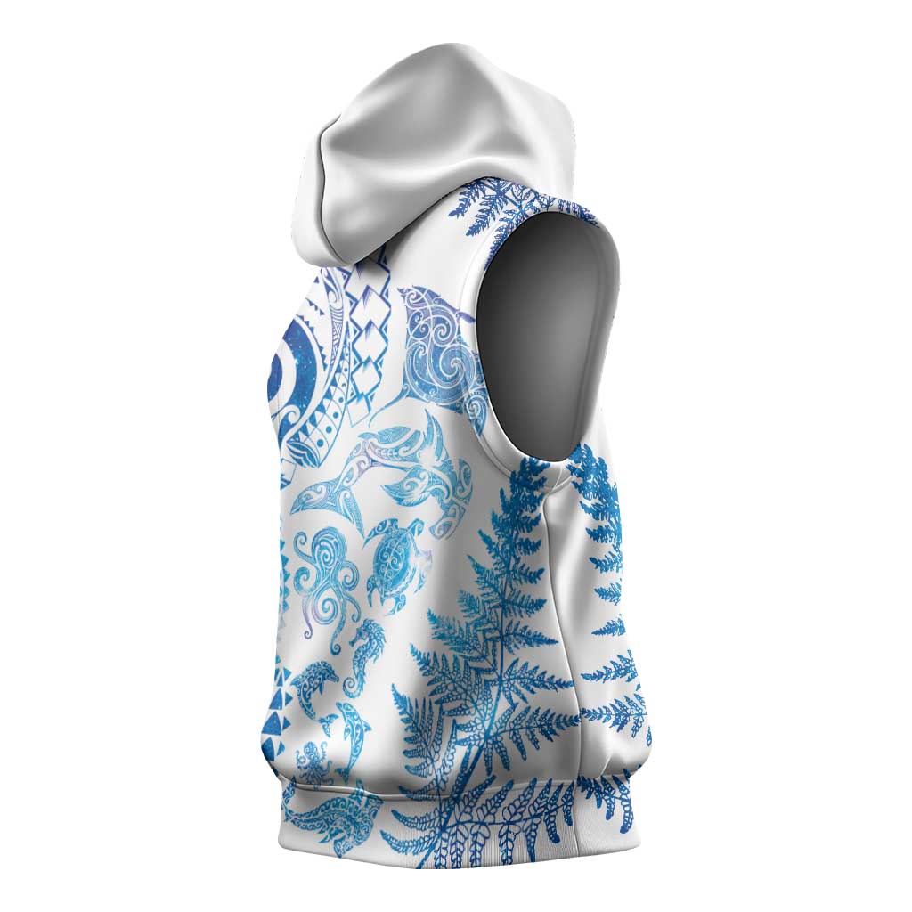New Zealand Sea Animals Sleeveless Hoodie with Maori Koru Tribal Tattoo and Silver Ferns Galaxy Style LT03 - Polynesian Pride