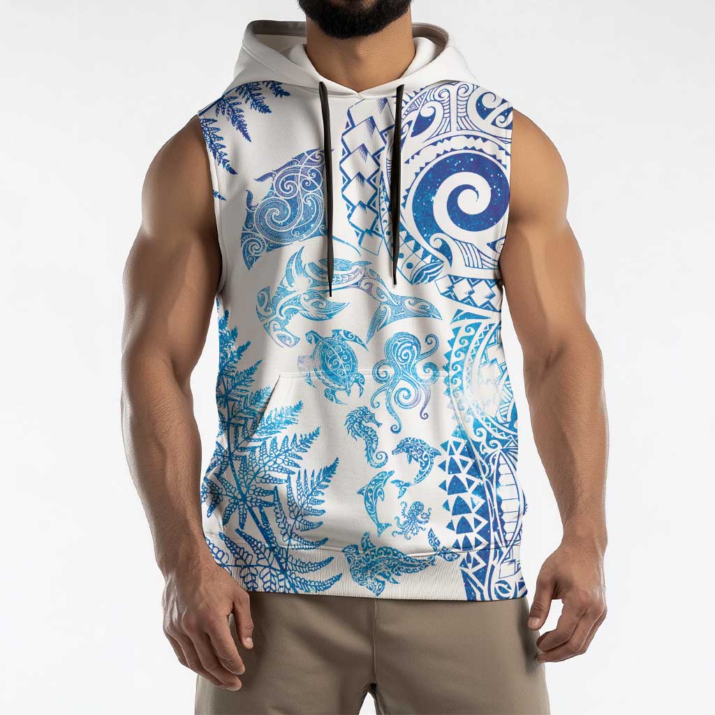 New Zealand Sea Animals Sleeveless Hoodie with Maori Koru Tribal Tattoo and Silver Ferns Galaxy Style LT03 - Polynesian Pride