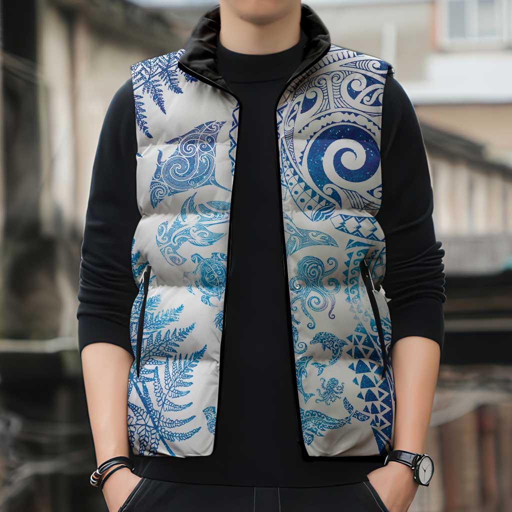 New Zealand Sea Animals Sleeveless Puffer Jacket with Maori Koru Tribal Tattoo and Silver Ferns Galaxy Style LT03 - Polynesian Pride