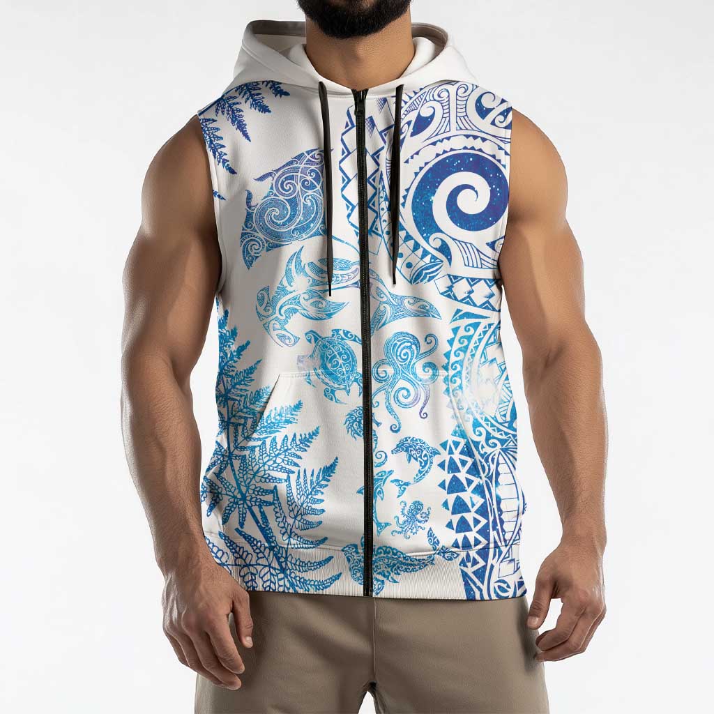 New Zealand Sea Animals Sleeveless Zip Hoodie with Maori Koru Tribal Tattoo and Silver Ferns Galaxy Style LT03 - Polynesian Pride
