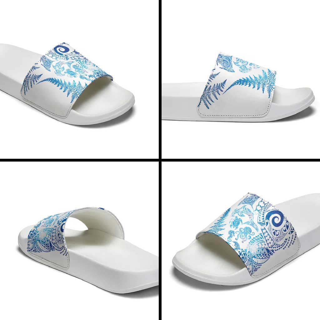 New Zealand Sea Animals Slide Sandals with Maori Koru Tribal Tattoo and Silver Ferns Galaxy Style LT03 - Polynesian Pride