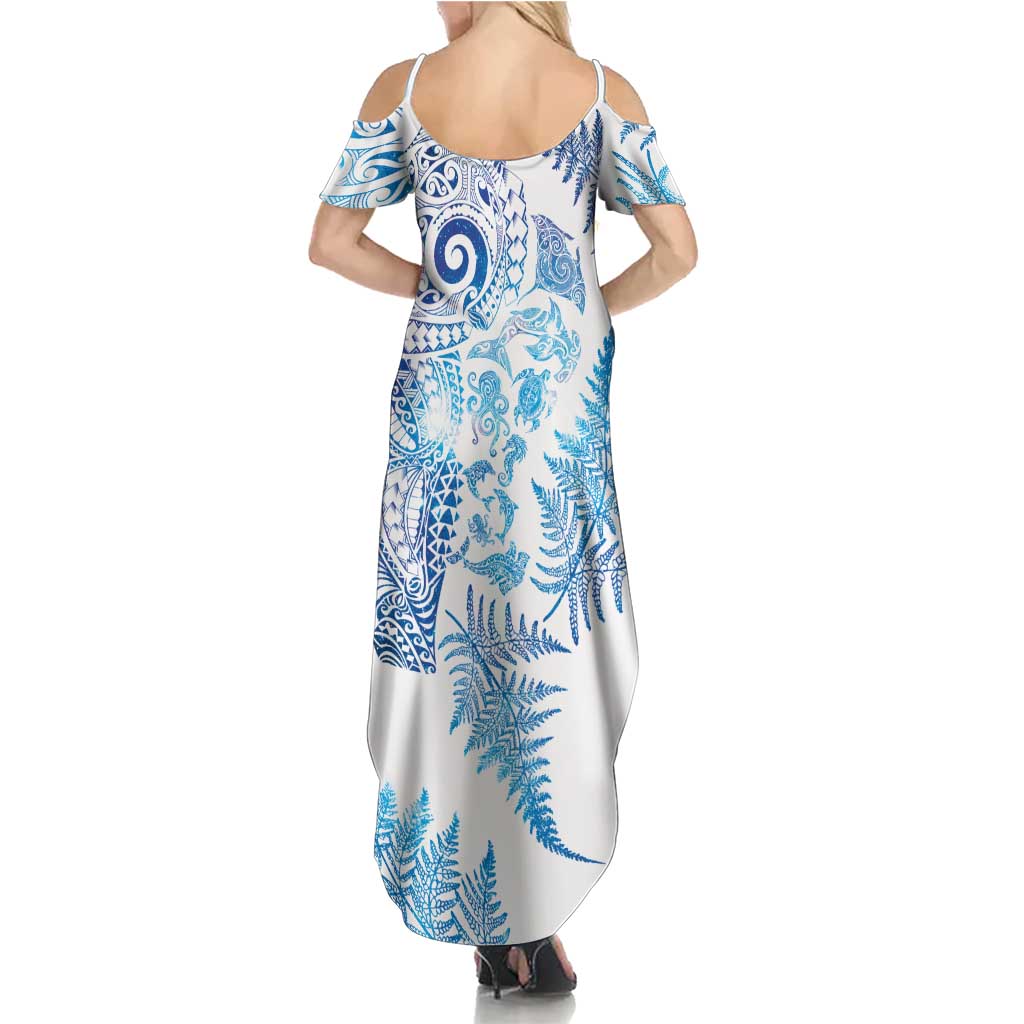New Zealand Sea Animals Summer Maxi Dress with Maori Koru Tribal Tattoo and Silver Ferns Galaxy Style LT03 - Polynesian Pride