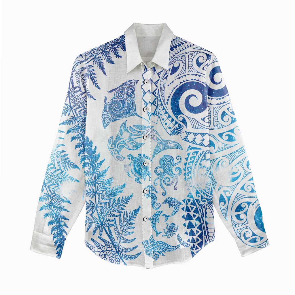 New Zealand Sea Animals Women Casual Shirt with Maori Koru Tribal Tattoo and Silver Ferns Galaxy Style LT03 - Polynesian Pride