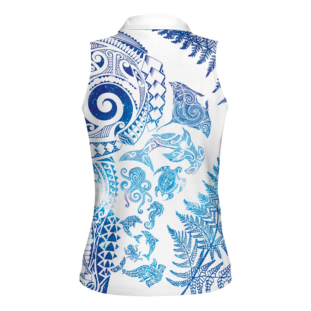 New Zealand Sea Animals Women Sleeveless Polo Shirt with Maori Koru Tribal Tattoo and Silver Ferns Galaxy Style LT03 - Polynesian Pride