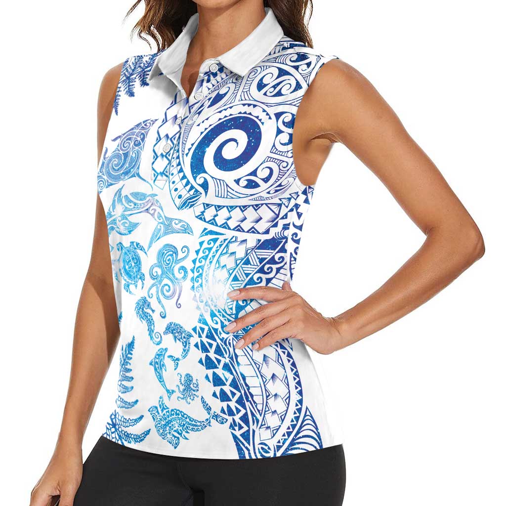 New Zealand Sea Animals Women Sleeveless Polo Shirt with Maori Koru Tribal Tattoo and Silver Ferns Galaxy Style LT03 - Polynesian Pride