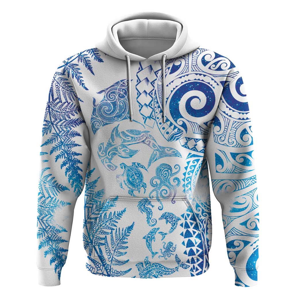 New Zealand Sea Animals Zip Hoodie with Maori Koru Tribal Tattoo and Silver Ferns Galaxy Style LT03 Pullover Hoodie Multicolor - Polynesian Pride