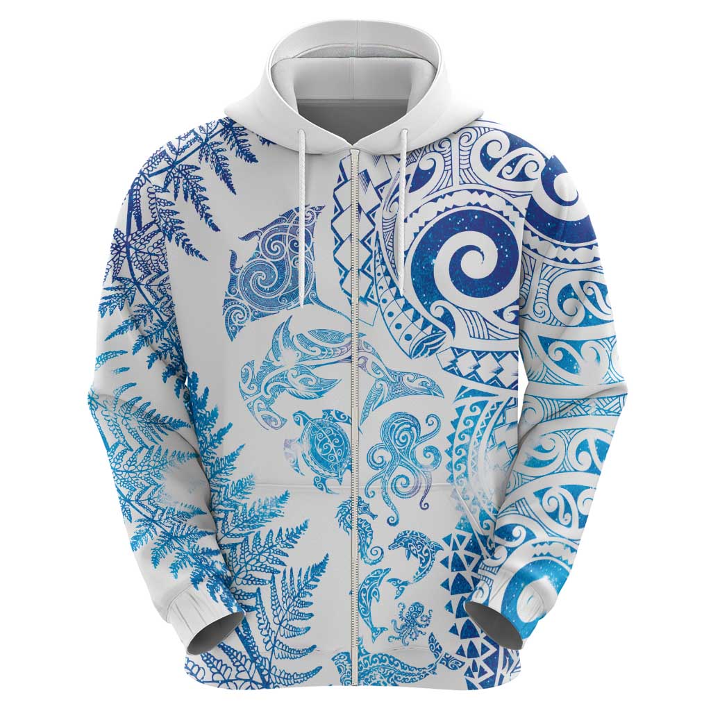 New Zealand Sea Animals Zip Hoodie with Maori Koru Tribal Tattoo and Silver Ferns Galaxy Style LT03 - Polynesian Pride